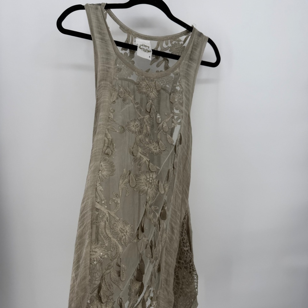 Fleur de Lis Tank Top Women Small Sage Embroidered Sequin Boho Festival Sheer - Picture 8 of 8